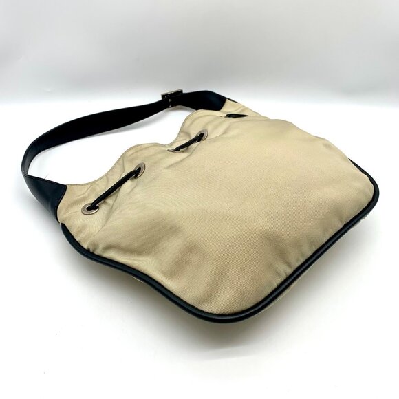 Gucci Beige Nylon and Black Leather Trim Drawstring Shoulder Bag - Picture 9 of 12